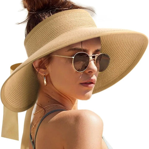 Wide Brim Beach Hat Foldable Straw Sun Visor Hat Ponytail Summer Hat-Summer Hats-Arimonz-Khaki-One Size-Arimonz