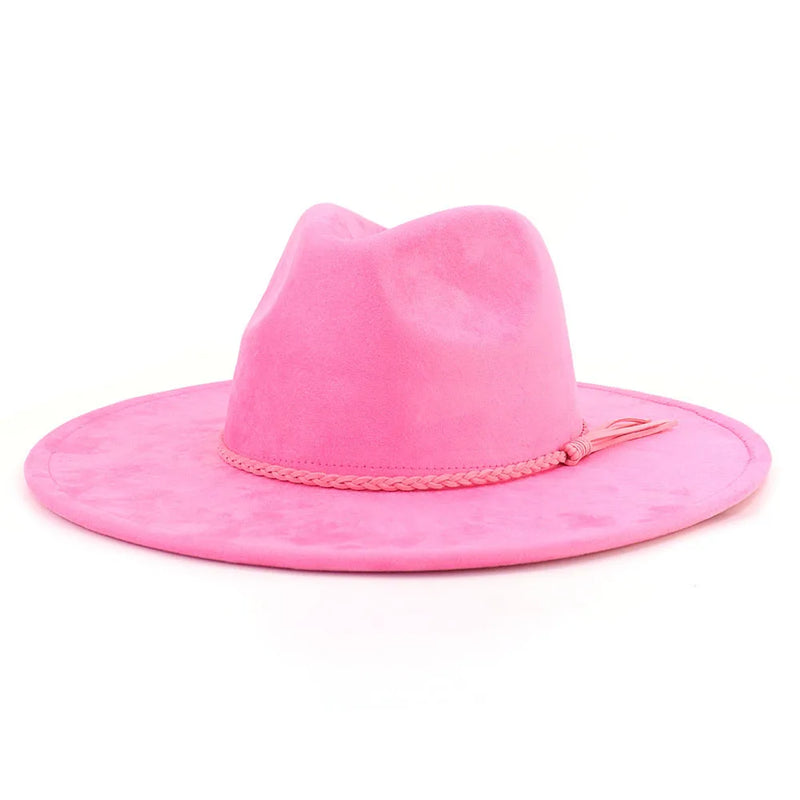Wide Brim Felt Jazz Classic Fedoras Hat Suede Autumn Winter Top Hat-Hats-Arimonz-Bobby pink-22in-Arimonz