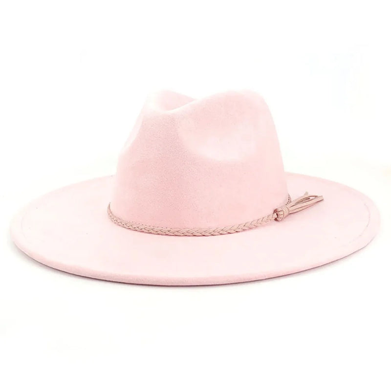 Wide Brim Felt Jazz Classic Fedoras Hat Suede Autumn Winter Top Hat-Hats-Arimonz-Leather pink-22in-Arimonz