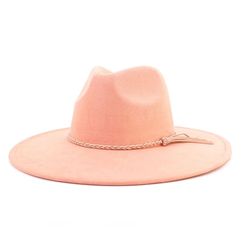Wide Brim Felt Jazz Classic Fedoras Hat Suede Autumn Winter Top Hat-Hats-Arimonz-Quartz pink-22in-Arimonz