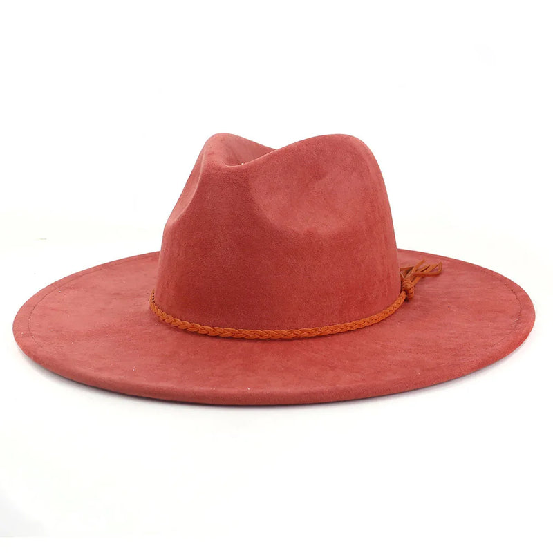 Wide Brim Felt Jazz Classic Fedoras Hat Suede Autumn Winter Top Hat-Hats-Arimonz-Rust red-22in-Arimonz