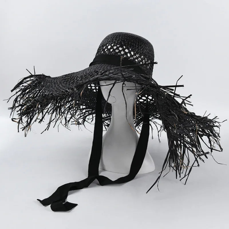Wide Brim Hollow Breathable Raffia Straw Beach Summer Hat For Women-Summer Hats-Arimonz-black-Arimonz