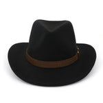 Wide Brim Wool Fedora Classic Cowboy Hat with Dark Brown Leather Band-Hats-Arimonz-black-22in-Arimonz
