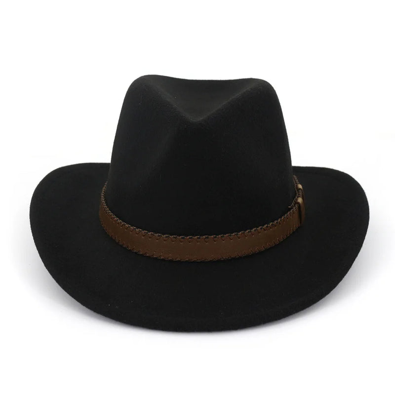 Wide Brim Wool Fedora Classic Cowboy Hat with Dark Brown Leather Band-Hats-Arimonz-black-22in-Arimonz