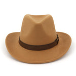 Wide Brim Wool Fedora Classic Cowboy Hat with Dark Brown Leather Band-Hats-Arimonz-camel-22in-Arimonz