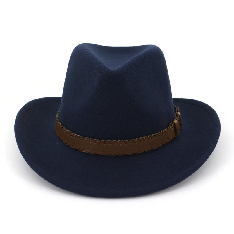 Wide Brim Wool Fedora Classic Cowboy Hat with Dark Brown Leather Band-Hats-Arimonz-navy-22in-Arimonz
