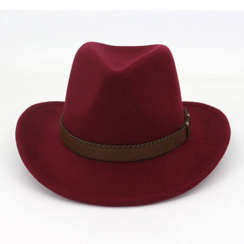 Wide Brim Wool Fedora Classic Cowboy Hat with Dark Brown Leather Band-Hats-Arimonz-wine red-22in-Arimonz