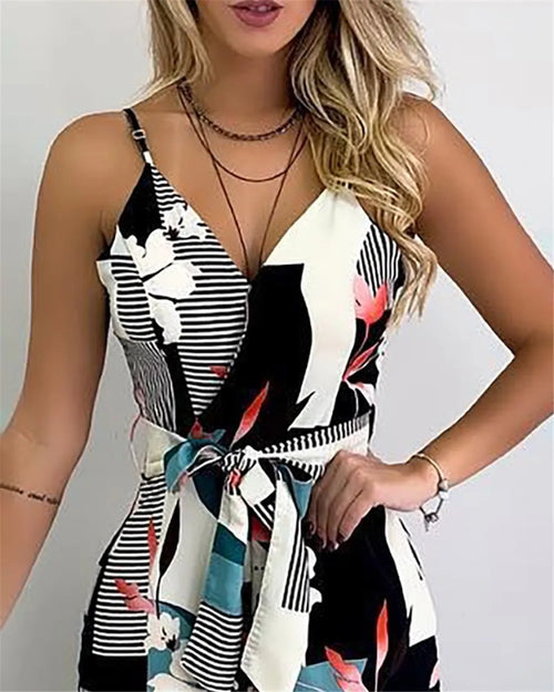 Wide Leg Jumpsuit Floral Printed Sling V-Neck Low Chest Loose Romper-Casual Jumpsuits & Rompers-Arimonz-Arimonz