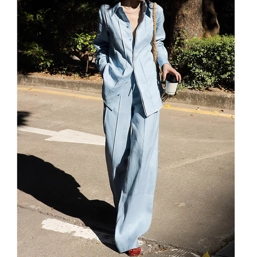 Wide Legs Pants and Shirt Cotton Linen Light Blue Elegant Vintage Set-Wear To Work Sets-Arimonz-Arimonz