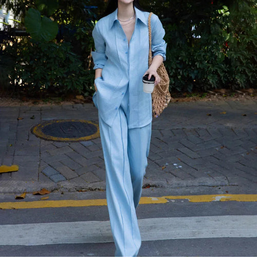 Wide Legs Pants and Shirt Cotton Linen Light Blue Elegant Vintage Set-Wear To Work Sets-Arimonz-Light Blue SET-S (US-4)-Arimonz