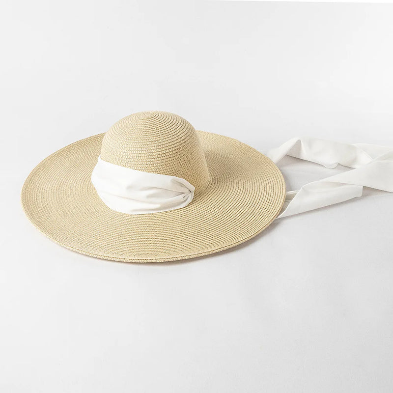 Wide Strap Dome Straw Hat for Women Wide Brim Beach Summer Sun Hat-Summer Hats-Arimonz-Beige-White-56-58CM/22"-Arimonz