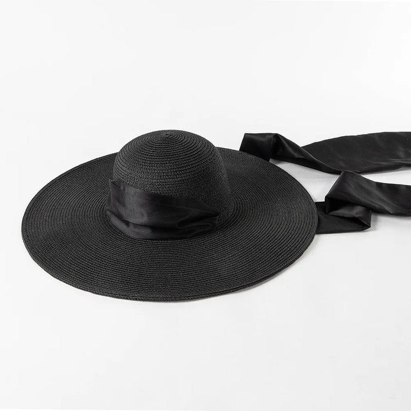 Wide Strap Dome Straw Hat for Women Wide Brim Beach Summer Sun Hat-Summer Hats-Arimonz-Black-Black-56-58CM/22"-Arimonz