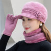 Winter Hat Scarf Set Fur-Lined Knitted Cap with Faux Fur Flower Hat-Winter Hats-Arimonz-Arimonz