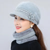 Winter Hat Scarf Set Fur-Lined Knitted Cap with Faux Fur Flower Hat-Winter Hats-Arimonz-Arimonz
