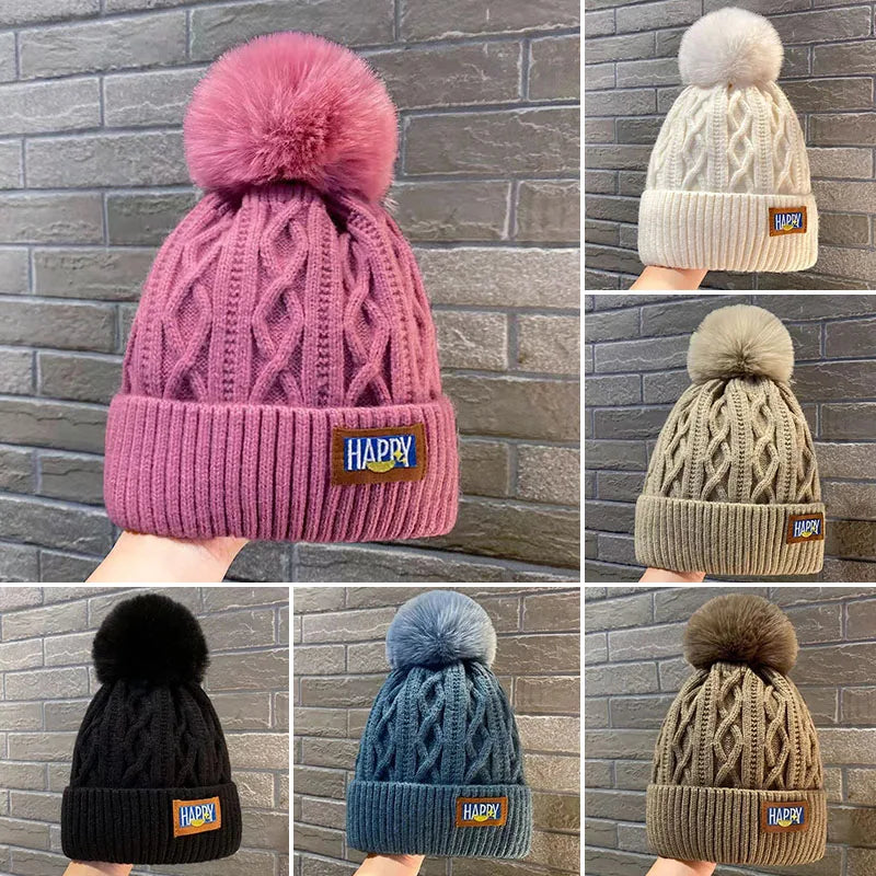 Winter Knitted Beanie Hat with Faux Fur Ball Fleece Lined Skullies Cap-Winter Hats-Arimonz-Arimonz