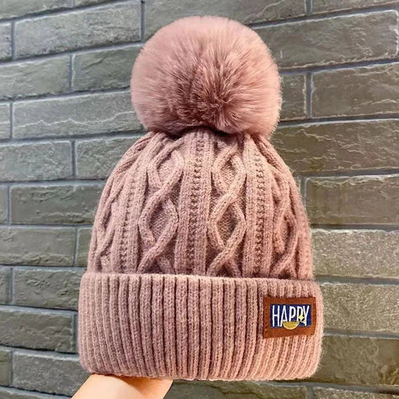 Winter Knitted Beanie Hat with Faux Fur Ball Fleece Lined Skullies Cap-Winter Hats-Arimonz-Arimonz