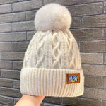Winter Knitted Beanie Hat with Faux Fur Ball Fleece Lined Skullies Cap-Winter Hats-Arimonz-Beige-Arimonz