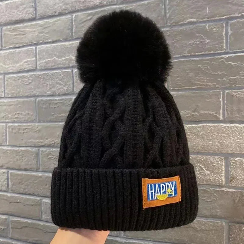 Winter Knitted Beanie Hat with Faux Fur Ball Fleece Lined Skullies Cap-Winter Hats-Arimonz-Black-Arimonz