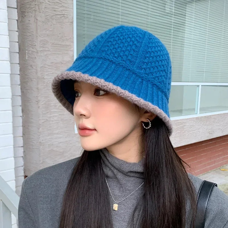 Winter Knitted Bucket Hat Warm Beanie for Women in Retro Style-Bucket Hats-Arimonz-Blue-Arimonz