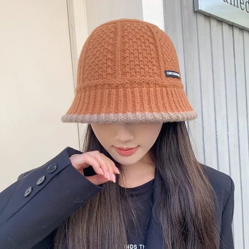 Winter Knitted Bucket Hat Warm Beanie for Women in Retro Style-Bucket Hats-Arimonz-Caramel-Arimonz