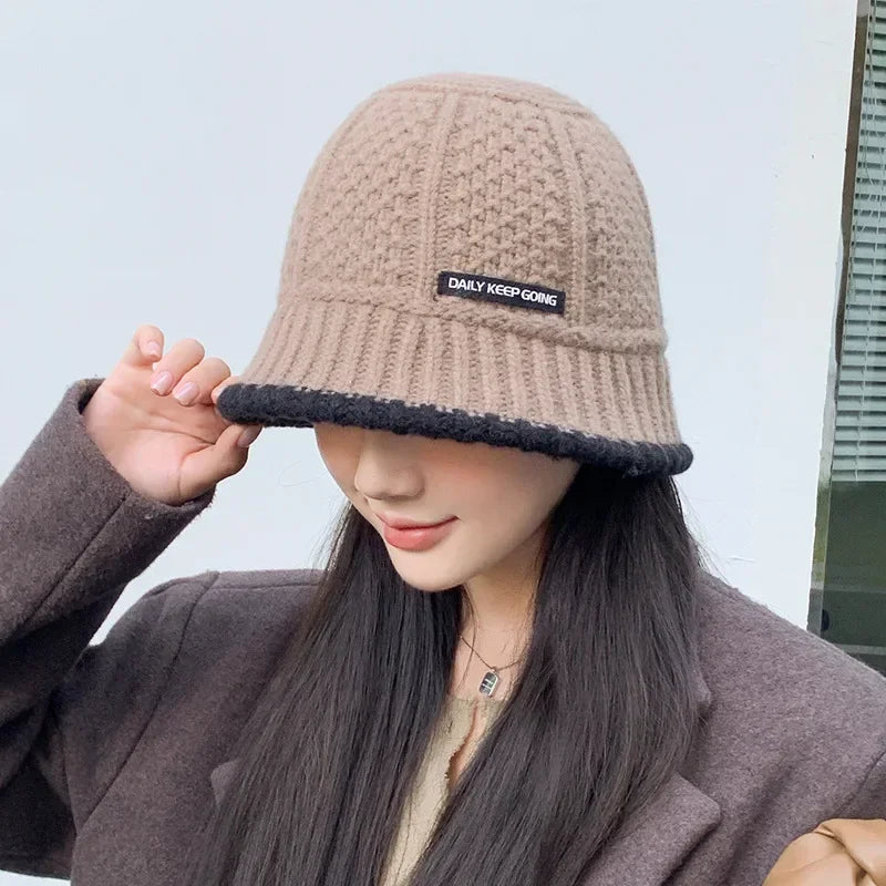 Winter Knitted Bucket Hat Warm Beanie for Women in Retro Style-Bucket Hats-Arimonz-Khaki-Arimonz