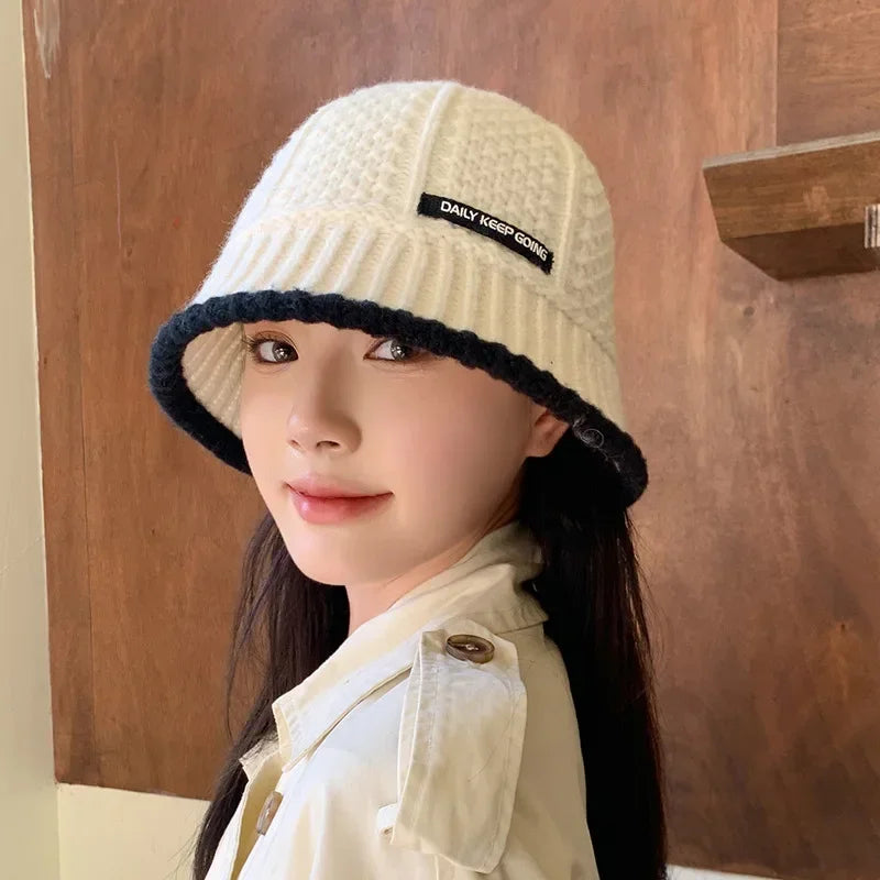 Winter Knitted Bucket Hat Warm Beanie for Women in Retro Style-Bucket Hats-Arimonz-White-Arimonz