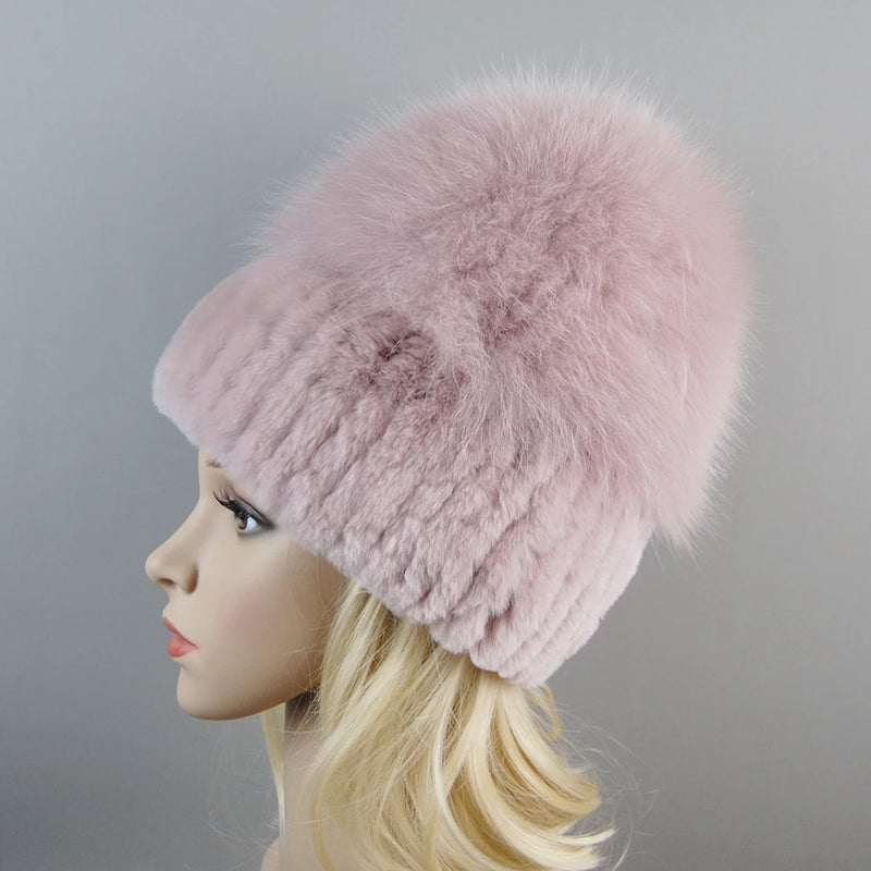 Winter Warm Real Fur Genuine Hat Bomber Beanies Cap for Women-Winter Hats-Arimonz-Beige pink-Arimonz
