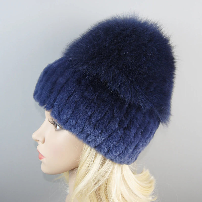 Winter Warm Real Fur Genuine Hat Bomber Beanies Cap for Women-Winter Hats-Arimonz-Dark blue-Arimonz