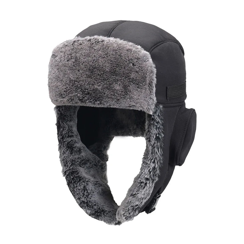 Winter Windproof Fur Warmer Hat Hood Fleece Ski Snow Cap with Earflaps-Winter Hats-Arimonz-Black-Arimonz