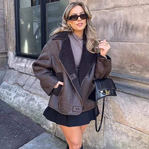 Woman Thick Faux Leather Jacket for Women Coat Plush Jacket Outerwear-Fuzzy Jackets-Arimonz-Arimonz