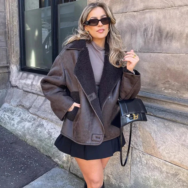 Woman Thick Faux Leather Jacket for Women Coat Plush Jacket Outerwear-Fuzzy Jackets-Arimonz-Arimonz