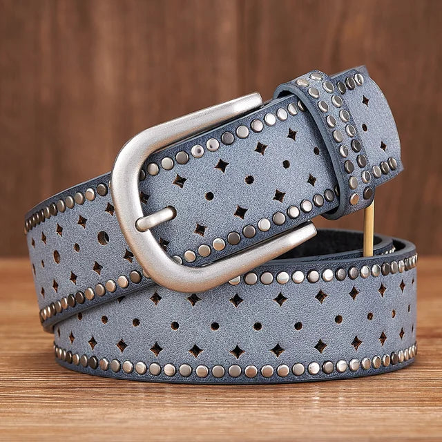 Women Belt Hollow Out Rivet All-match Fashion Belts Women Wide Belt-Belts-Arimonz-Blue-100cm/39inches-Arimonz