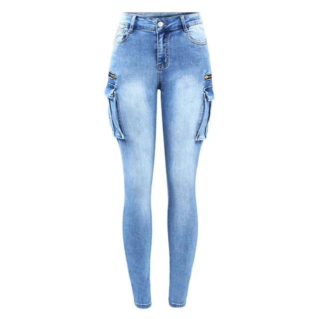 Women Cargo Jeans New Classic Multiple Pockets Jeans Women Denim Pants-Skinny Jeans-Arimonz-Blue-S-Arimonz