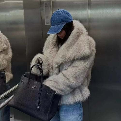 Women Casual Faux Fur Jackets Turn Down Collar Elegant Thick Coat-Fuzzy Jackets-Arimonz-Arimonz