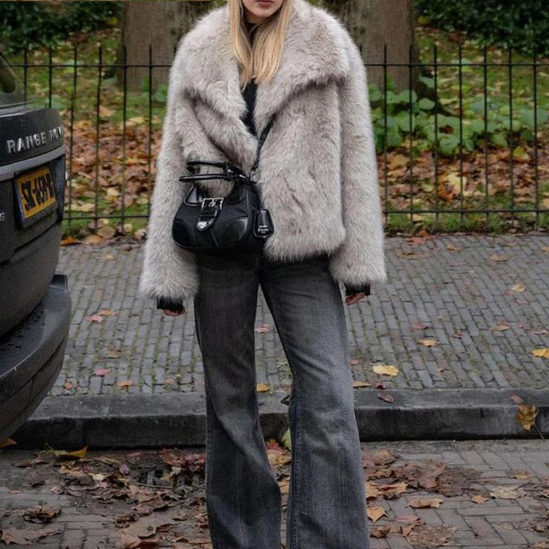 Women Casual Faux Fur Jackets Turn Down Collar Elegant Thick Coat-Fuzzy Jackets-Arimonz-Arimonz