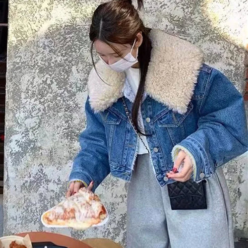 Women Causal Warm Denim Fleece Jacket Large Faux Fur Collar Coat-Jean Jackets-Arimonz-Arimonz