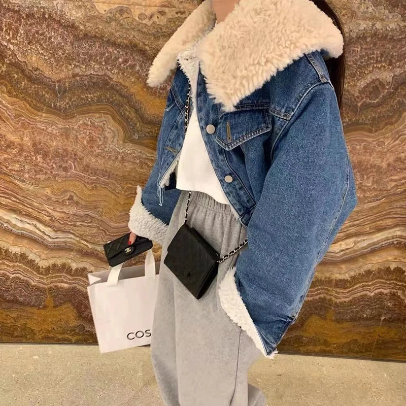 Women Causal Warm Denim Fleece Jacket Large Faux Fur Collar Coat-Jean Jackets-Arimonz-Arimonz