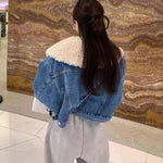 Women Causal Warm Denim Fleece Jacket Large Faux Fur Collar Coat-Jean Jackets-Arimonz-Arimonz