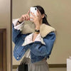 Women Causal Warm Denim Fleece Jacket Large Faux Fur Collar Coat-Jean Jackets-Arimonz-Arimonz