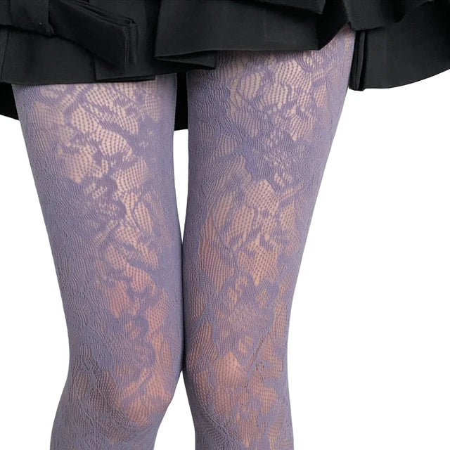 Women Colorful Floral-Patterned Fishnet Tights See-through Lace Tights-Socks & Tights-Arimonz-Lavender-Max 170cm(70 inches) 75 kg (165lbs)-Arimonz