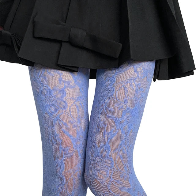 Women Colorful Floral-Patterned Fishnet Tights See-through Lace Tights-Socks & Tights-Arimonz-Light Blue-Max 170cm(70 inches) 75 kg (165lbs)-Arimonz