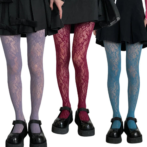 Women Colorful Floral-Patterned Fishnet Tights See-through Lace Tights-Socks & Tights-Arimonz-Arimonz