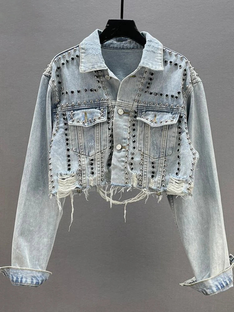 Women Denim Jacket Heavy Rivet Studded Jean Women Jean Jacket-Jean Jackets-Arimonz-Baby Blue-S-Arimonz