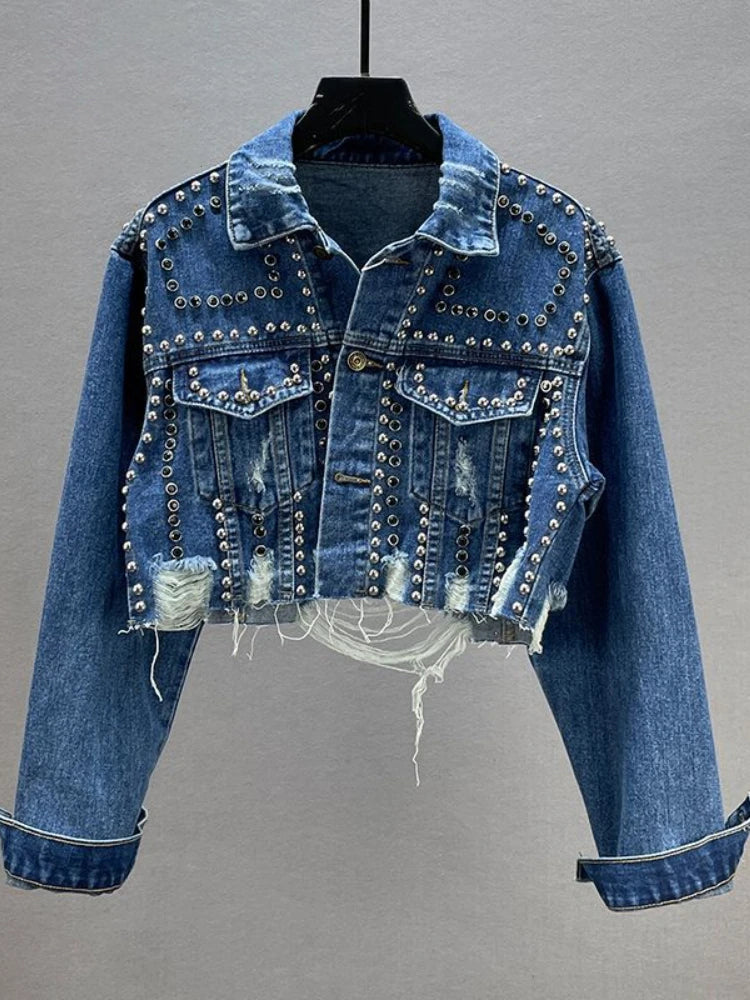 Women Denim Jacket Heavy Rivet Studded Jean Women Jean Jacket-Jean Jackets-Arimonz-Blue-S-Arimonz