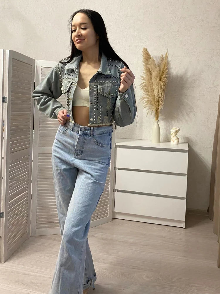 Women Denim Jacket Heavy Rivet Studded Jean Women Jean Jacket-Jean Jackets-Arimonz-Arimonz