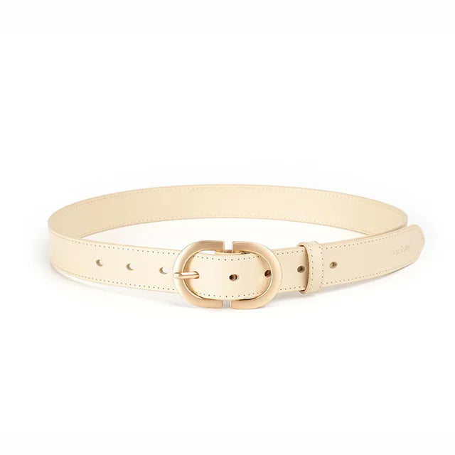 Women Genuine Cow Leather Metal Oval Buckle Retro Simple Ladies Belt-Belts-Arimonz-Beige-95cm/37inches-Arimonz