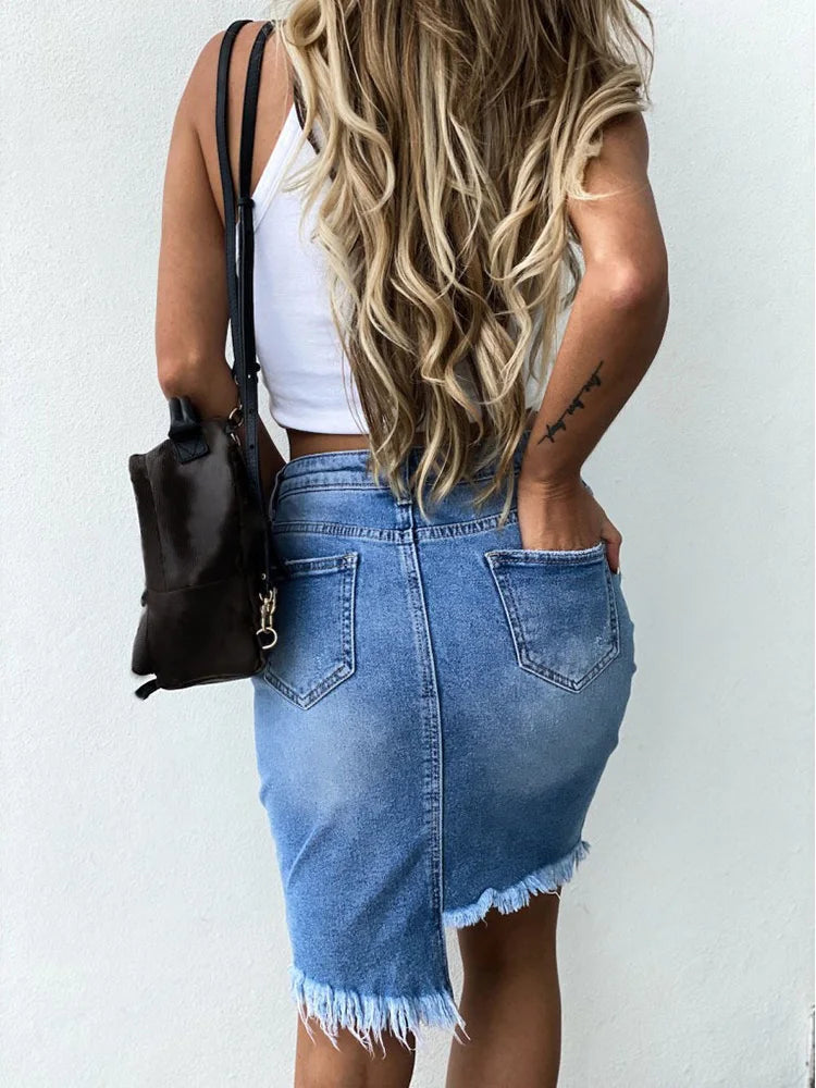 Women High Waist Ripped Shorts Skirt Jeans Lady Denim Skirt-Denim Skirts-Arimonz-Arimonz
