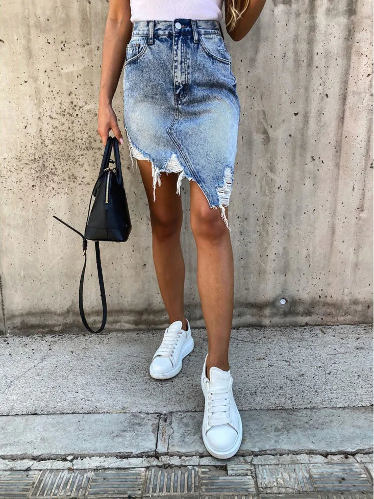 Women High Waist Ripped Shorts Skirt Jeans Lady Denim Skirt-Denim Skirts-Arimonz-Arimonz