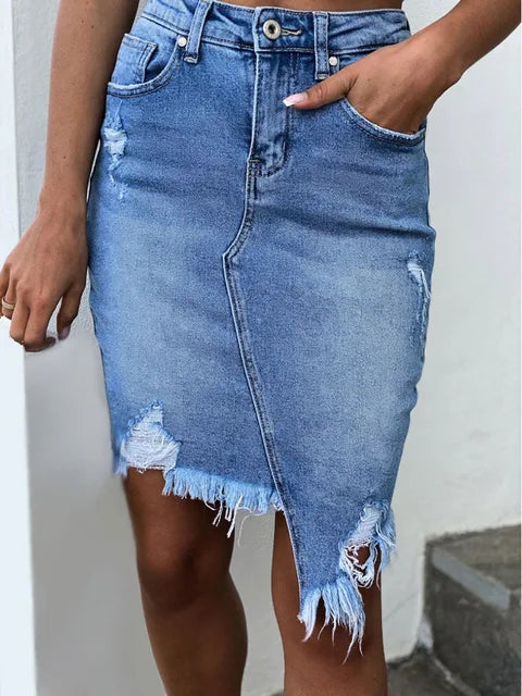 Women High Waist Ripped Shorts Skirt Jeans Lady Denim Skirt-Denim Skirts-Arimonz-Blue-S-Arimonz