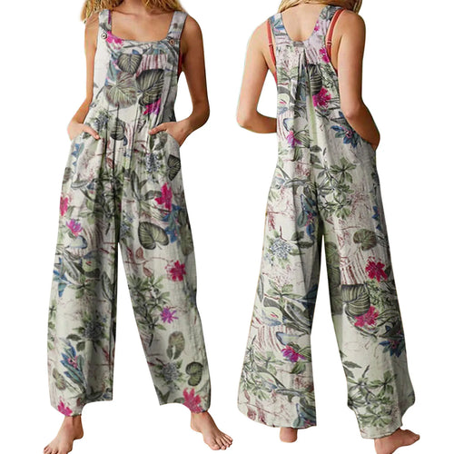 Women Jumpsuit Vintage Leaf Floral Print Square Neck Sleeveless Romper-Casual Jumpsuits & Rompers-Arimonz-Arimonz